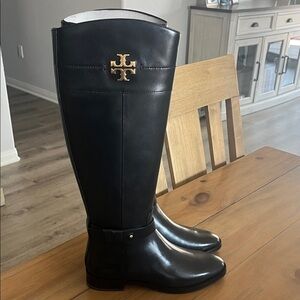 Tory Burch Everly Black Leather Riding Boots with Gold Logo
